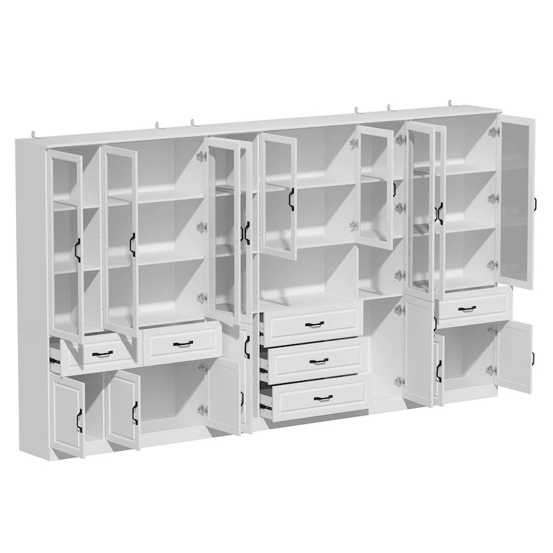Aparador blanco grande y elegante para cocina con puertas de cristal para exhibición