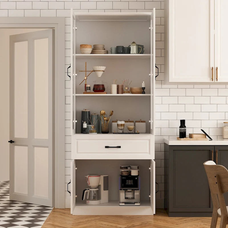 Aparador blanco grande y elegante para cocina con puertas de cristal para exhibición
