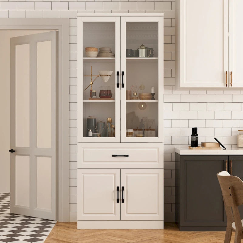 Aparador blanco grande y elegante para cocina con puertas de cristal para exhibición