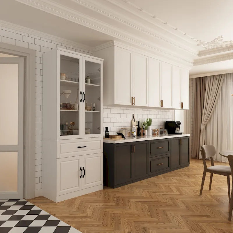 Aparador blanco grande y elegante para cocina con puertas de cristal para exhibición