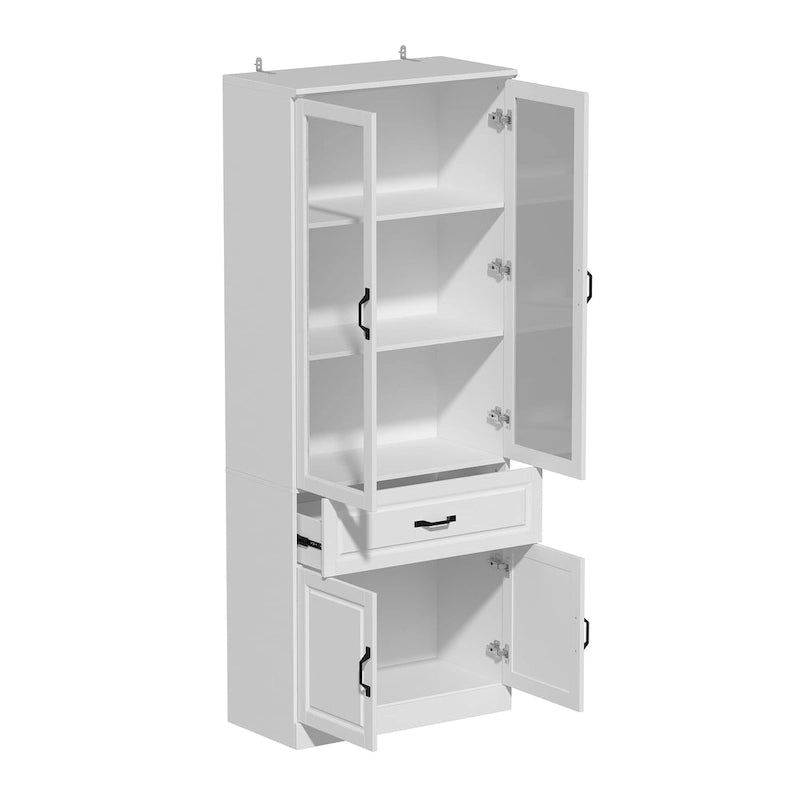 Aparador blanco grande y elegante para cocina con puertas de cristal para exhibición
