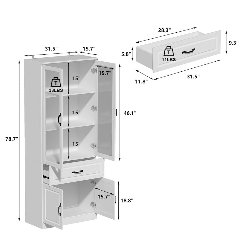 Aparador blanco grande y elegante para cocina con puertas de cristal para exhibición