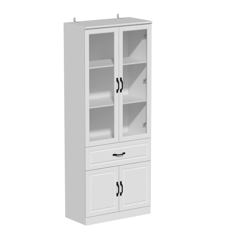 Aparador blanco grande y elegante para cocina con puertas de cristal para exhibición