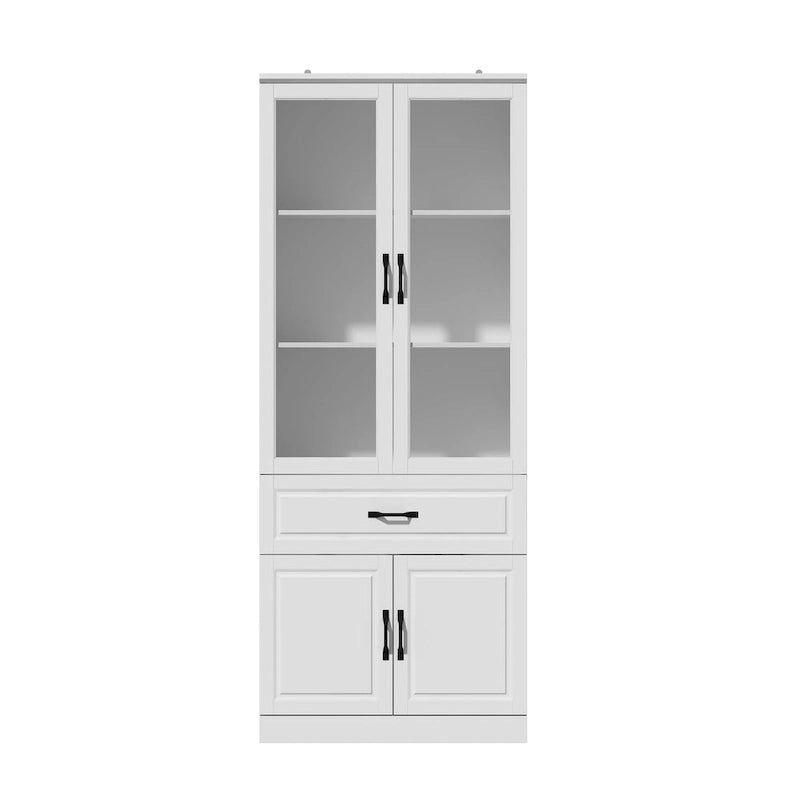 Aparador blanco grande y elegante para cocina con puertas de cristal para exhibición