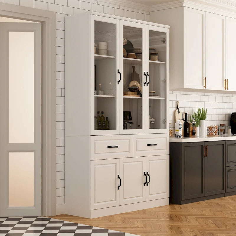 Aparador blanco grande y elegante para cocina con puertas de cristal para exhibición