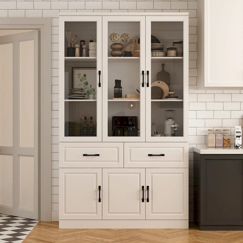 Aparador blanco grande y elegante para cocina con puertas de cristal para exhibición