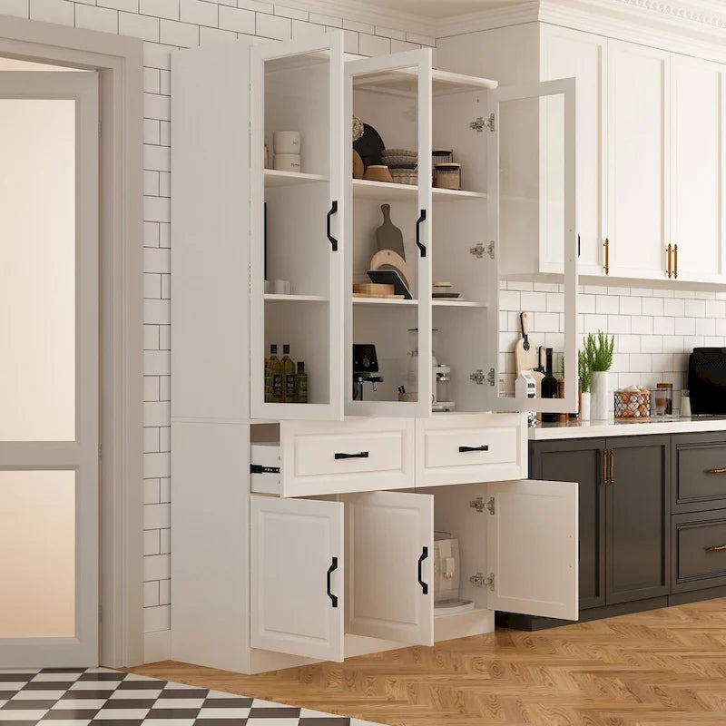 Aparador blanco grande y elegante para cocina con puertas de cristal para exhibición
