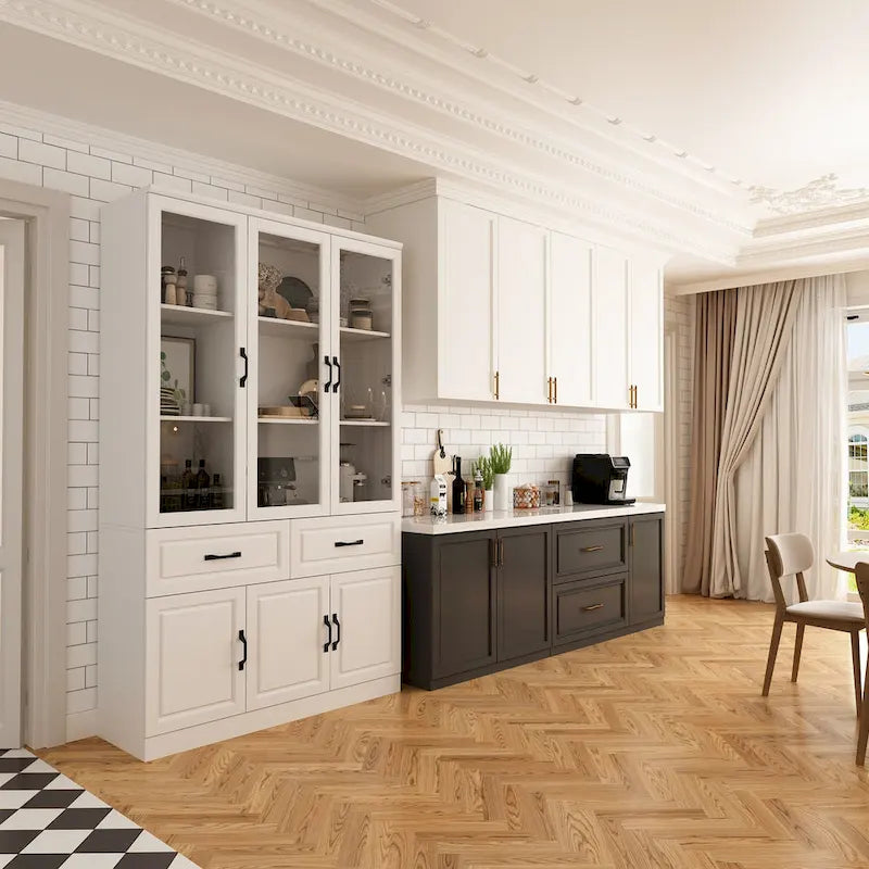 Aparador blanco grande y elegante para cocina con puertas de cristal para exhibición