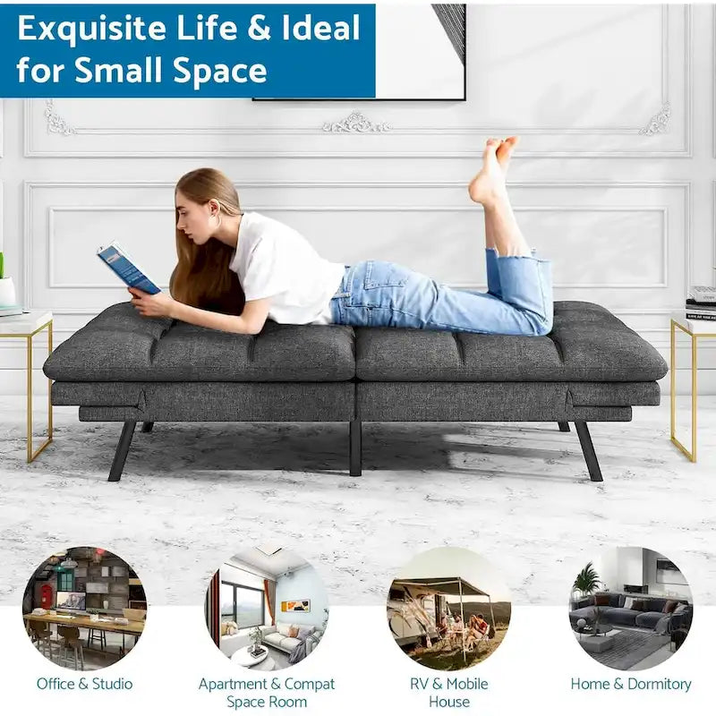 Sofá cama futón, sofá convertible plegable de espuma viscoelástica, diván reclinable con apoyabrazos ajustables para espacios pequeños
