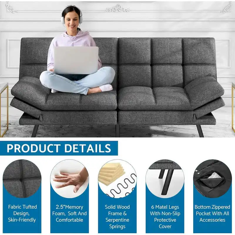 Sofá cama futón, sofá convertible plegable de espuma viscoelástica, diván reclinable con apoyabrazos ajustables para espacios pequeños
