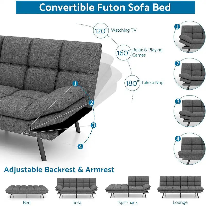Sofá cama futón, sofá convertible plegable de espuma viscoelástica, diván reclinable con apoyabrazos ajustables para espacios pequeños