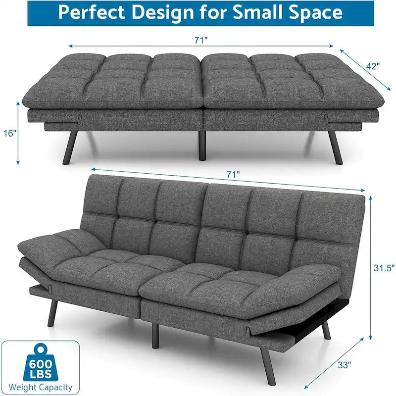 Sofá cama futón, sofá convertible plegable de espuma viscoelástica, diván reclinable con apoyabrazos ajustables para espacios pequeños