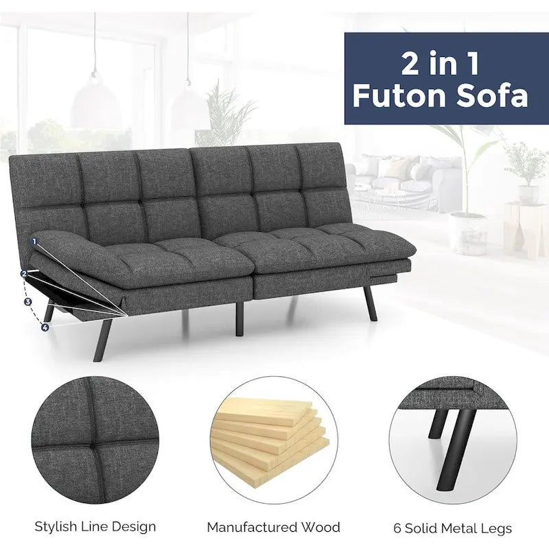 Sofá cama futón, sofá convertible plegable de espuma viscoelástica, diván reclinable con apoyabrazos ajustables para espacios pequeños