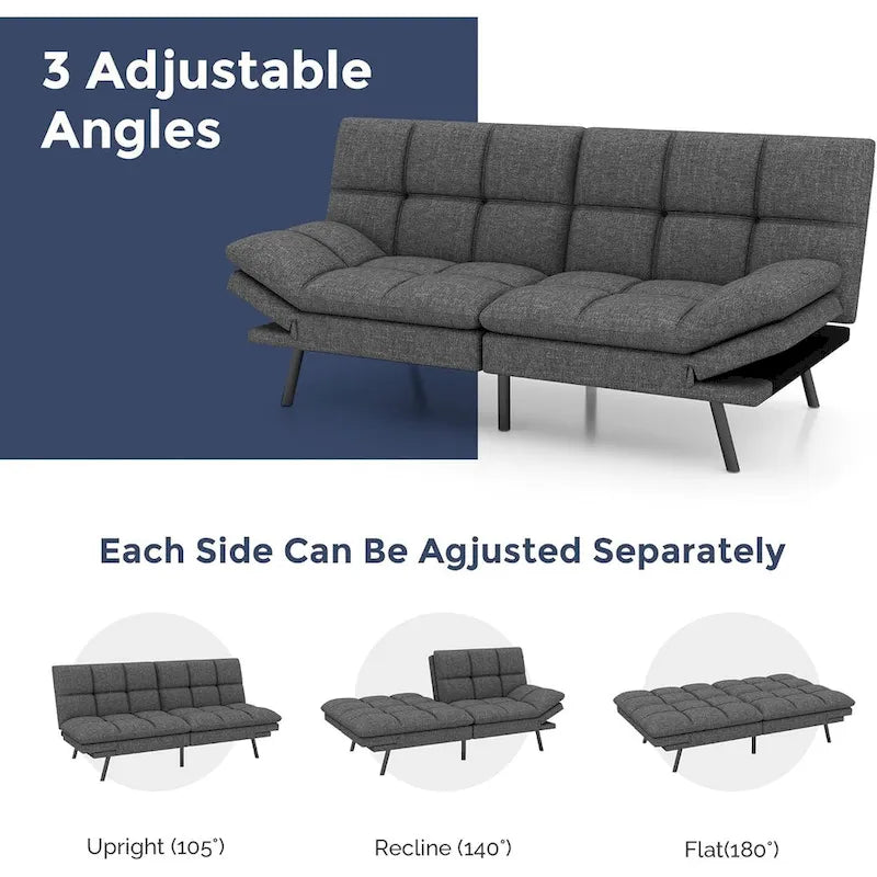 Sofá cama futón, sofá convertible plegable de espuma viscoelástica, diván reclinable con apoyabrazos ajustables para espacios pequeños
