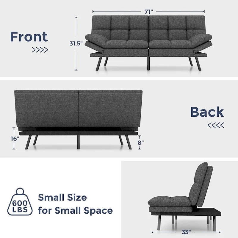 Sofá cama futón, sofá convertible plegable de espuma viscoelástica, diván reclinable con apoyabrazos ajustables para espacios pequeños