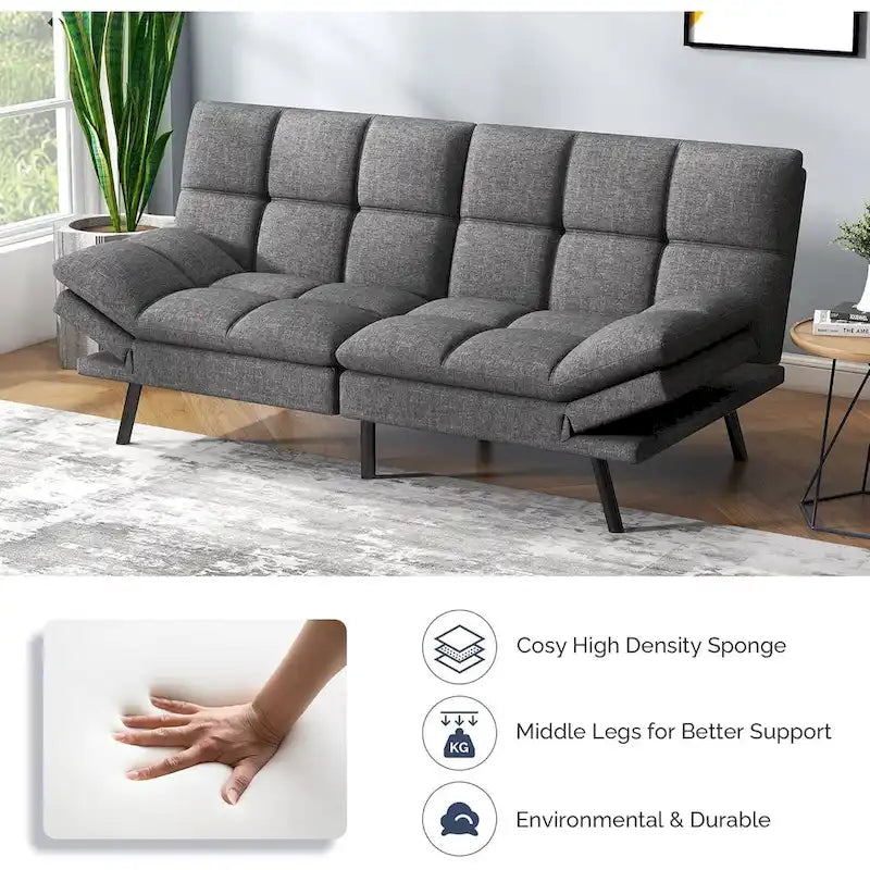 Sofá cama futón, sofá convertible plegable de espuma viscoelástica, diván reclinable con apoyabrazos ajustables para espacios pequeños