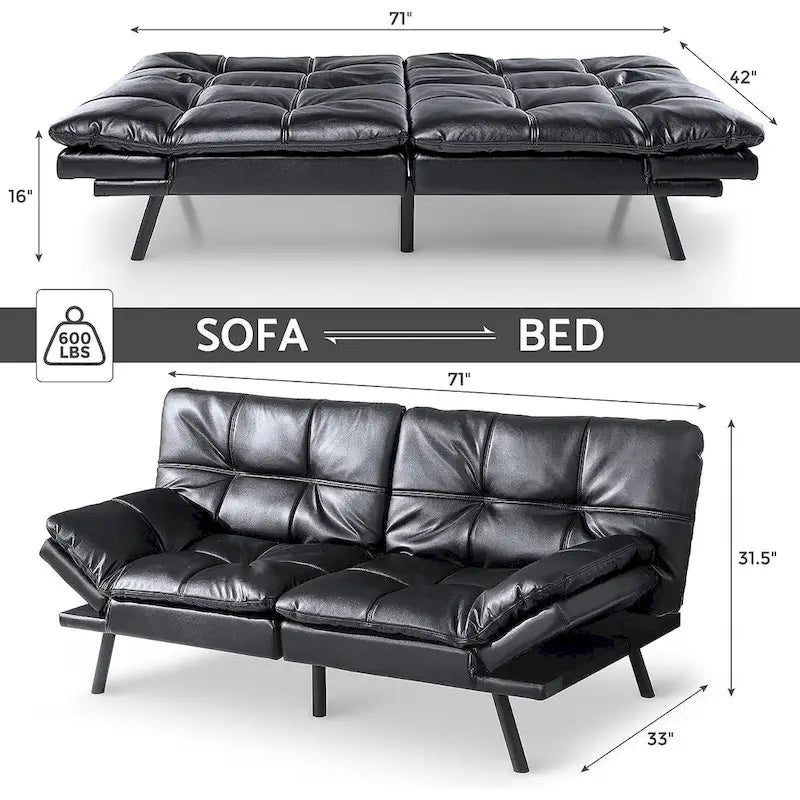 Sofá cama futón, sofá convertible plegable de espuma viscoelástica, diván reclinable con apoyabrazos ajustables para espacios pequeños