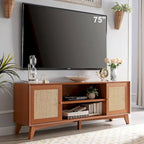 Mueble de TV de ratán Mid-Century Modern para televisor de 75 pulgadas, centro de entretenimiento