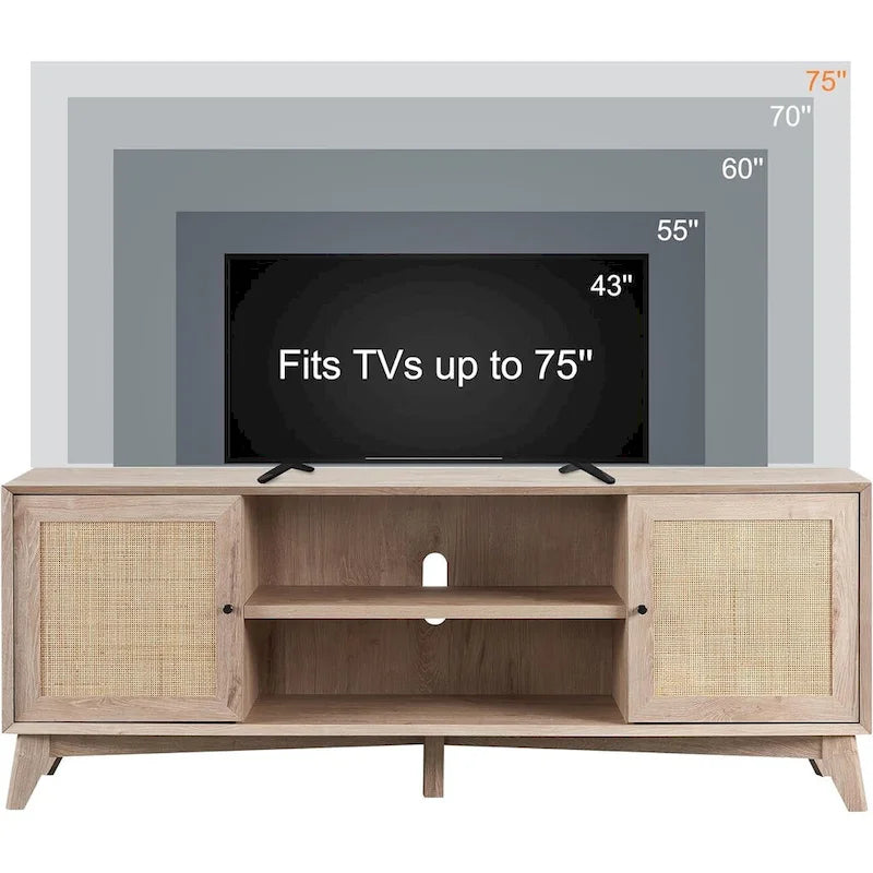 Mueble de TV de ratán Mid-Century Modern para televisor de 75 pulgadas, centro de entretenimiento