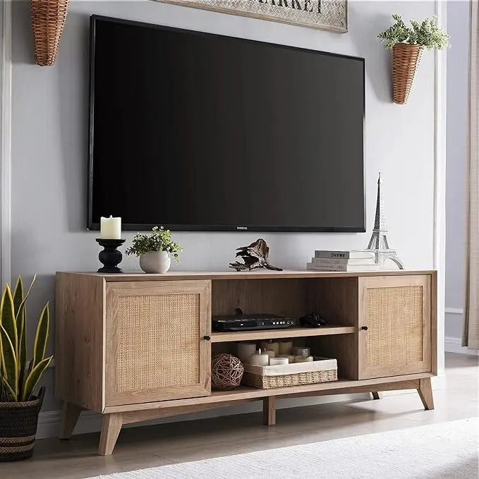 Mueble de TV de ratán Mid-Century Modern para televisor de 75 pulgadas, centro de entretenimiento