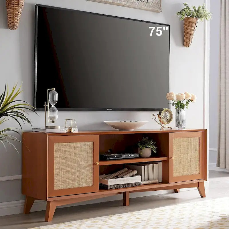 Mueble de TV de ratán Mid-Century Modern para televisor de 75 pulgadas, centro de entretenimiento
