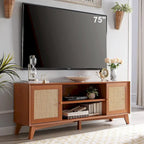 Mueble de TV de ratán Mid-Century Modern para televisor de 75 pulgadas, centro de entretenimiento