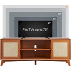 Mueble de TV de ratán Mid-Century Modern para televisor de 75 pulgadas, centro de entretenimiento