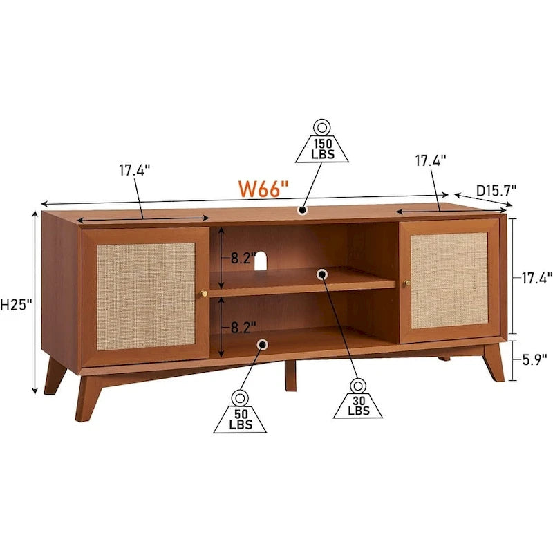 Mueble de TV de ratán Mid-Century Modern para televisor de 75 pulgadas, centro de entretenimiento