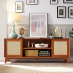 Mueble de TV de ratán Mid-Century Modern para televisor de 75 pulgadas, centro de entretenimiento
