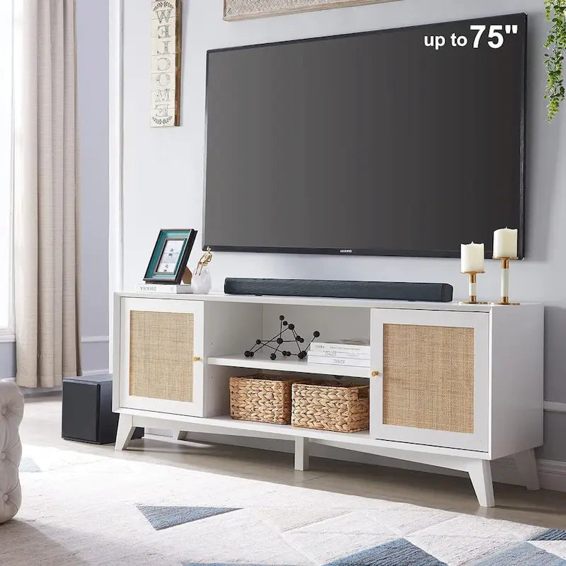 Mueble de TV de ratán Mid-Century Modern para televisor de 75 pulgadas, centro de entretenimiento