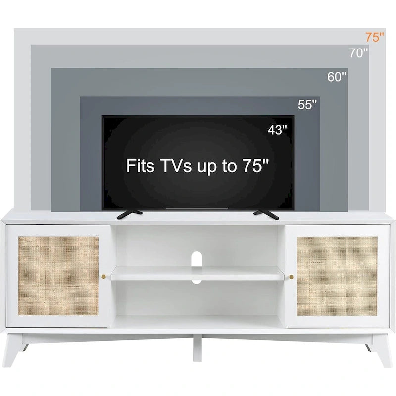 Mueble de TV de ratán Mid-Century Modern para televisor de 75 pulgadas, centro de entretenimiento