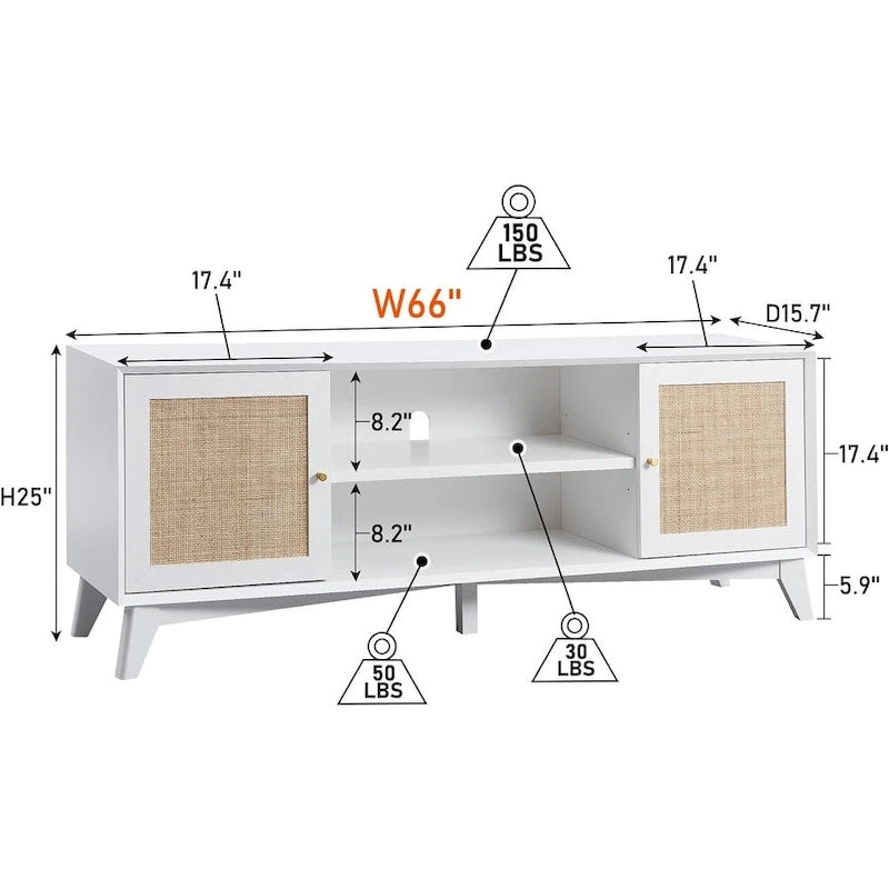 Mueble de TV de ratán Mid-Century Modern para televisor de 75 pulgadas, centro de entretenimiento