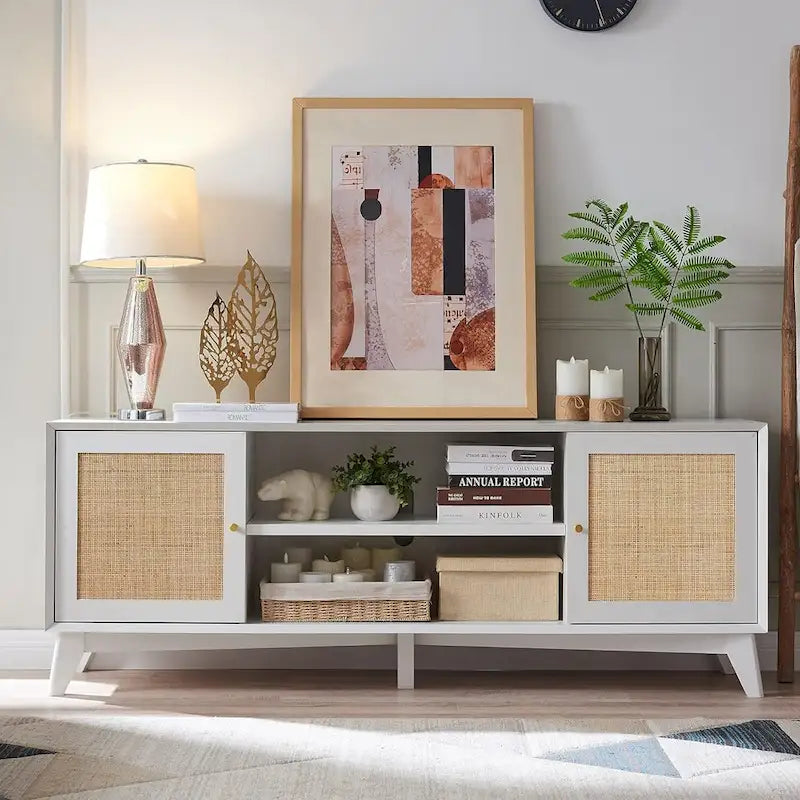Mueble de TV de ratán Mid-Century Modern para televisor de 75 pulgadas, centro de entretenimiento
