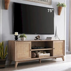 Mueble de TV de ratán Mid-Century Modern para televisor de 75 pulgadas, centro de entretenimiento