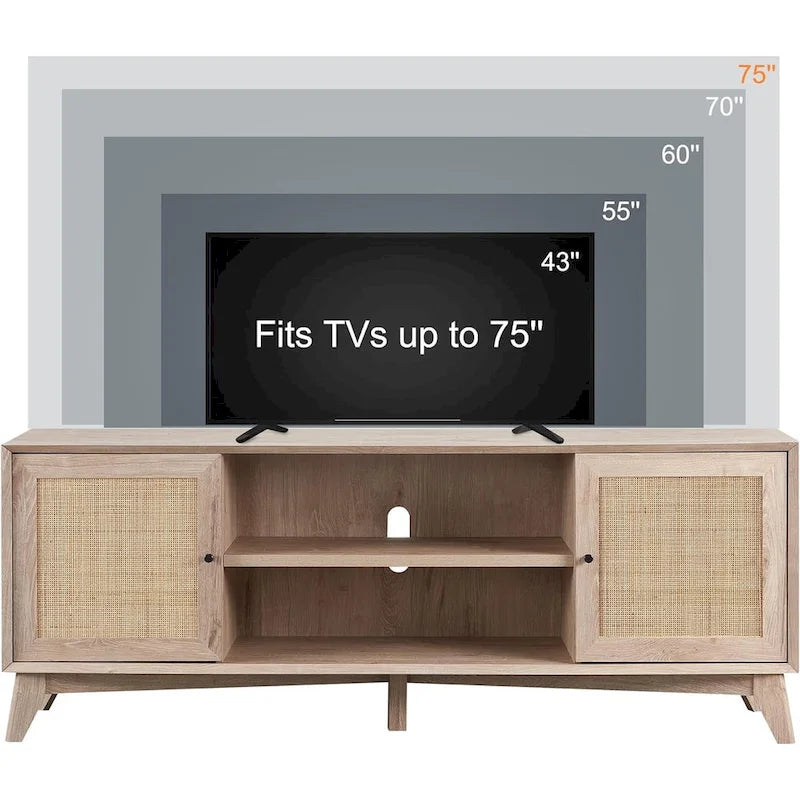 Mueble de TV de ratán Mid-Century Modern para televisor de 75 pulgadas, centro de entretenimiento