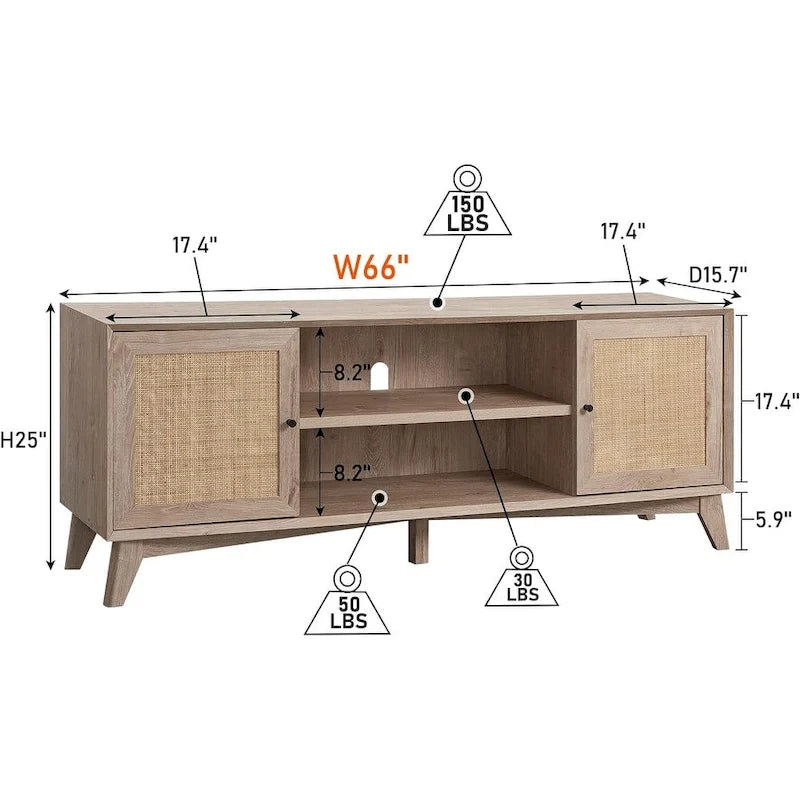 Mueble de TV de ratán Mid-Century Modern para televisor de 75 pulgadas, centro de entretenimiento