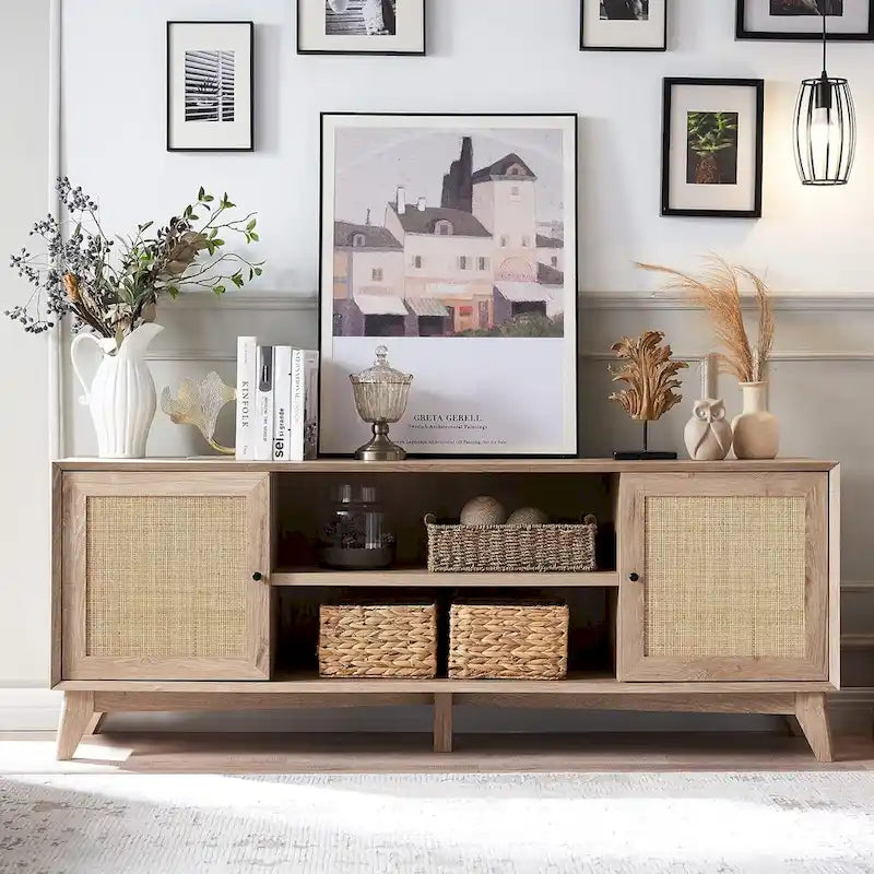 Mueble de TV de ratán Mid-Century Modern para televisor de 75 pulgadas, centro de entretenimiento