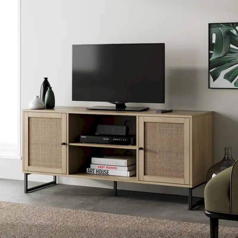 Mueble para TV estilo bohemio de 47" con puertas de gabinete de ratán y gestión de cables
