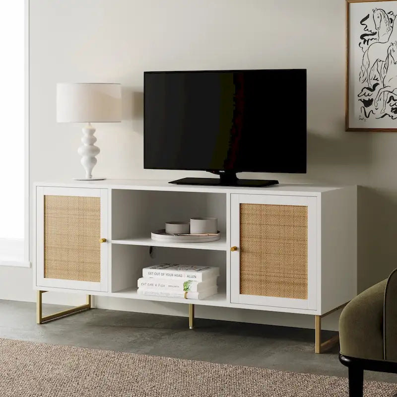 Mueble para TV estilo bohemio de 47" con puertas de gabinete de ratán y gestión de cables