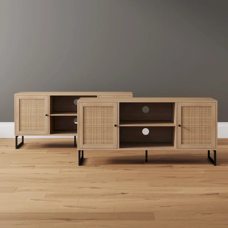Mueble para TV estilo bohemio de 47" con puertas de gabinete de ratán y gestión de cables