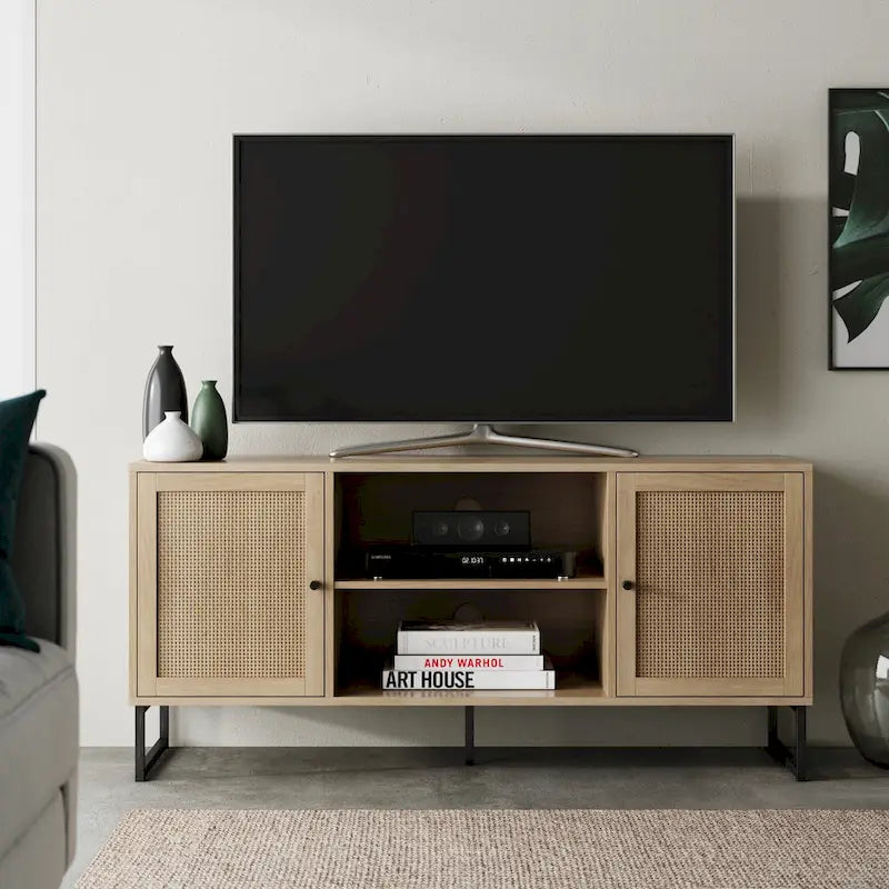 Mueble para TV estilo bohemio de 47" con puertas de gabinete de ratán y gestión de cables