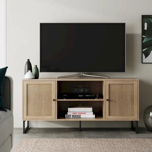 Mueble para TV estilo bohemio de 47" con puertas de gabinete de ratán y gestión de cables