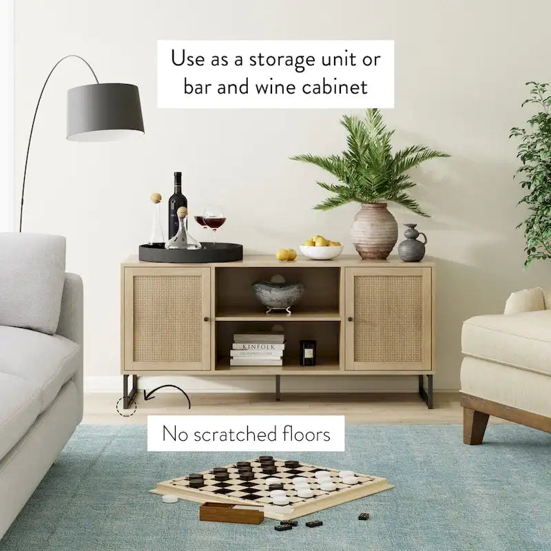Mueble para TV estilo bohemio de 47" con puertas de gabinete de ratán y gestión de cables