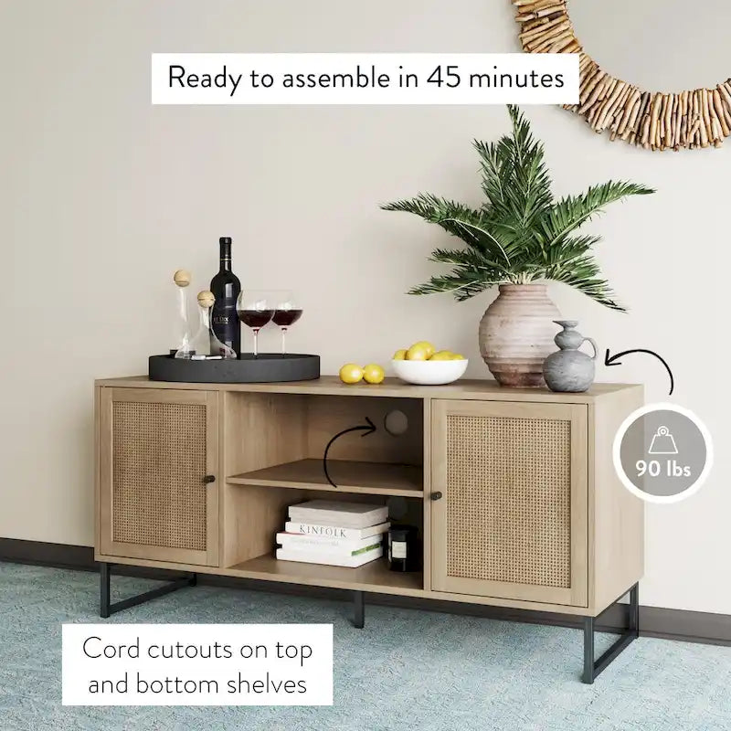 Mueble para TV estilo bohemio de 47" con puertas de gabinete de ratán y gestión de cables