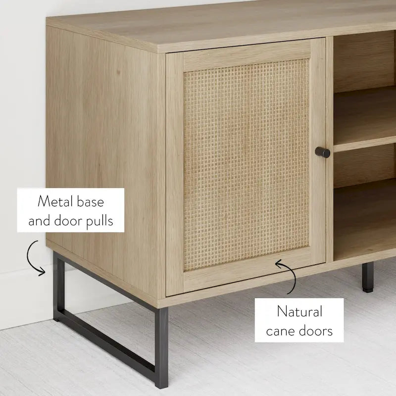 Mueble para TV estilo bohemio de 47" con puertas de gabinete de ratán y gestión de cables