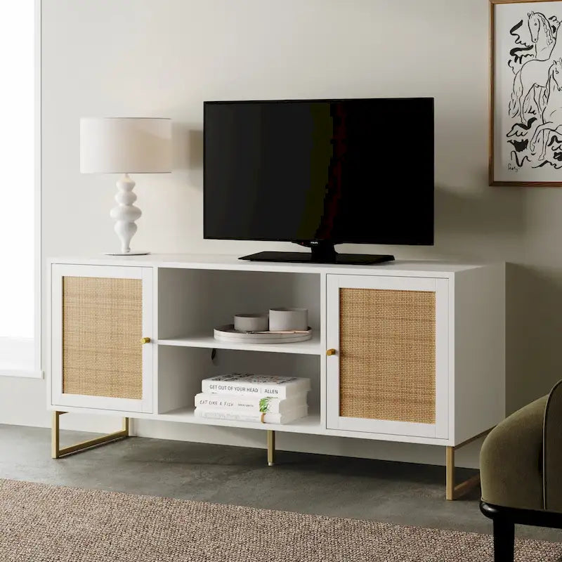 Mueble para TV estilo bohemio de 47" con puertas de gabinete de ratán y gestión de cables