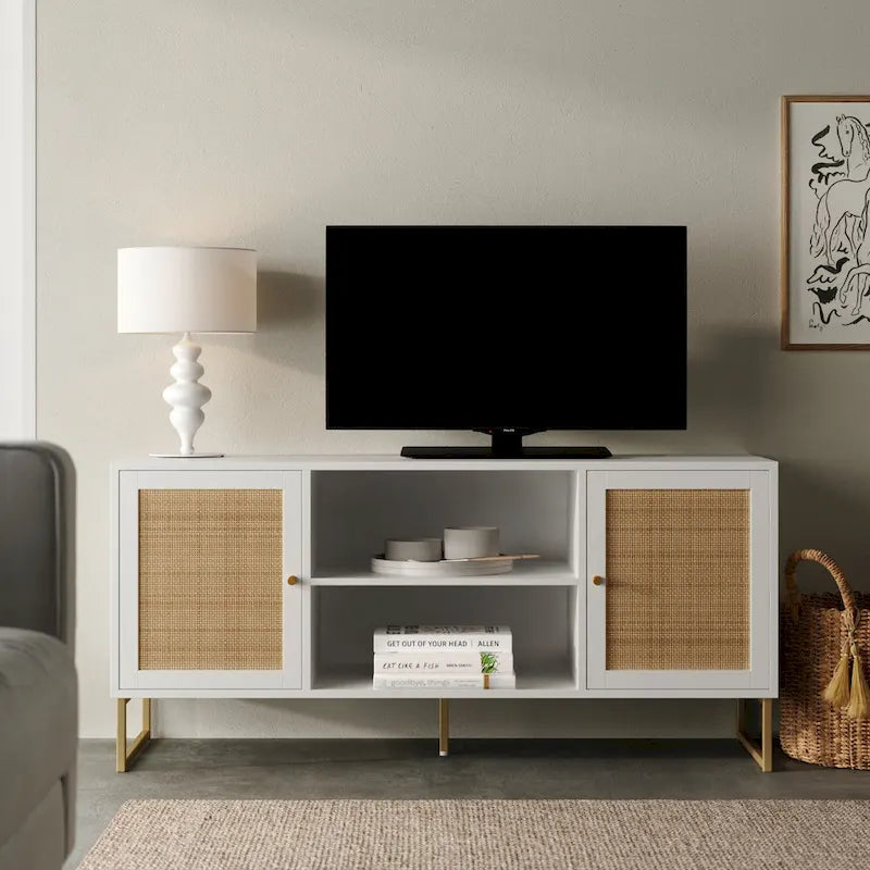 Mueble para TV estilo bohemio de 47" con puertas de gabinete de ratán y gestión de cables