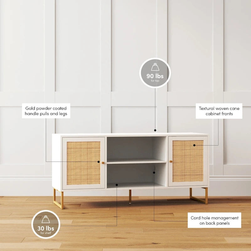 Mueble para TV estilo bohemio de 47" con puertas de gabinete de ratán y gestión de cables