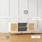 Mueble para TV estilo bohemio de 47" con puertas de gabinete de ratán y gestión de cables