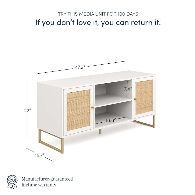 Mueble para TV estilo bohemio de 47" con puertas de gabinete de ratán y gestión de cables